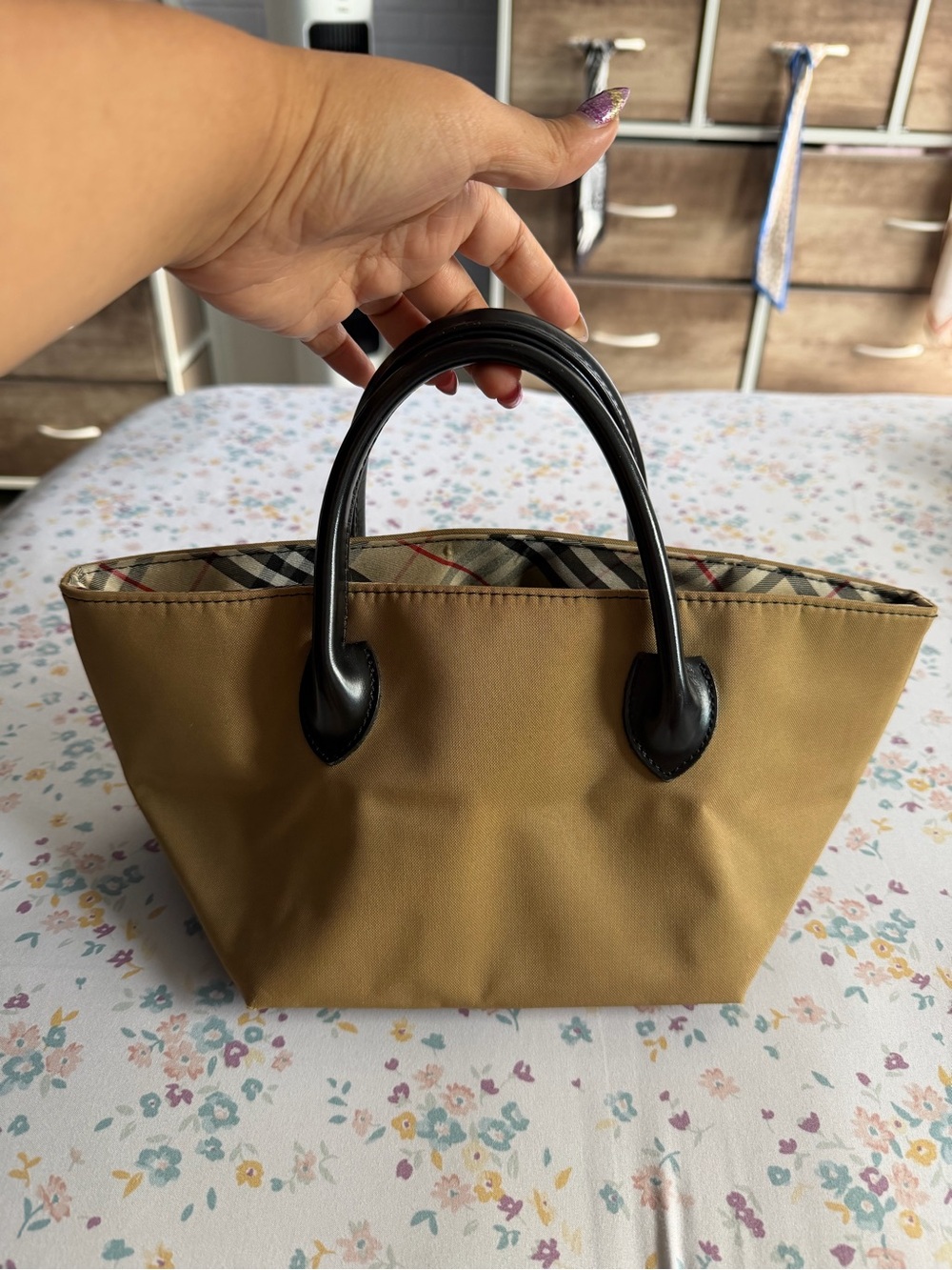 Burberry Tan Tote with Black Top Handles